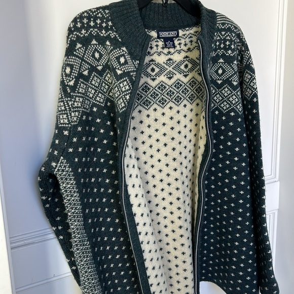 Lands End Knit Wool Fair Isle Full Zip Cardigan Sweater Large XLarge in Green - Picture 8 of 14